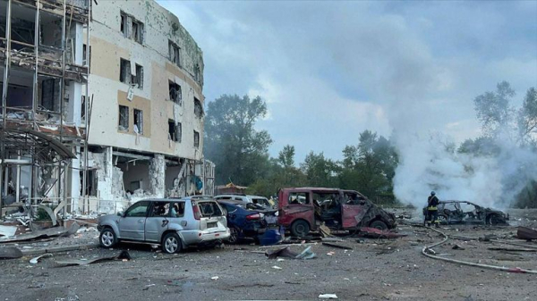 Ukraine war: Children duck and scream in fear amid Russian missile strike on hotel